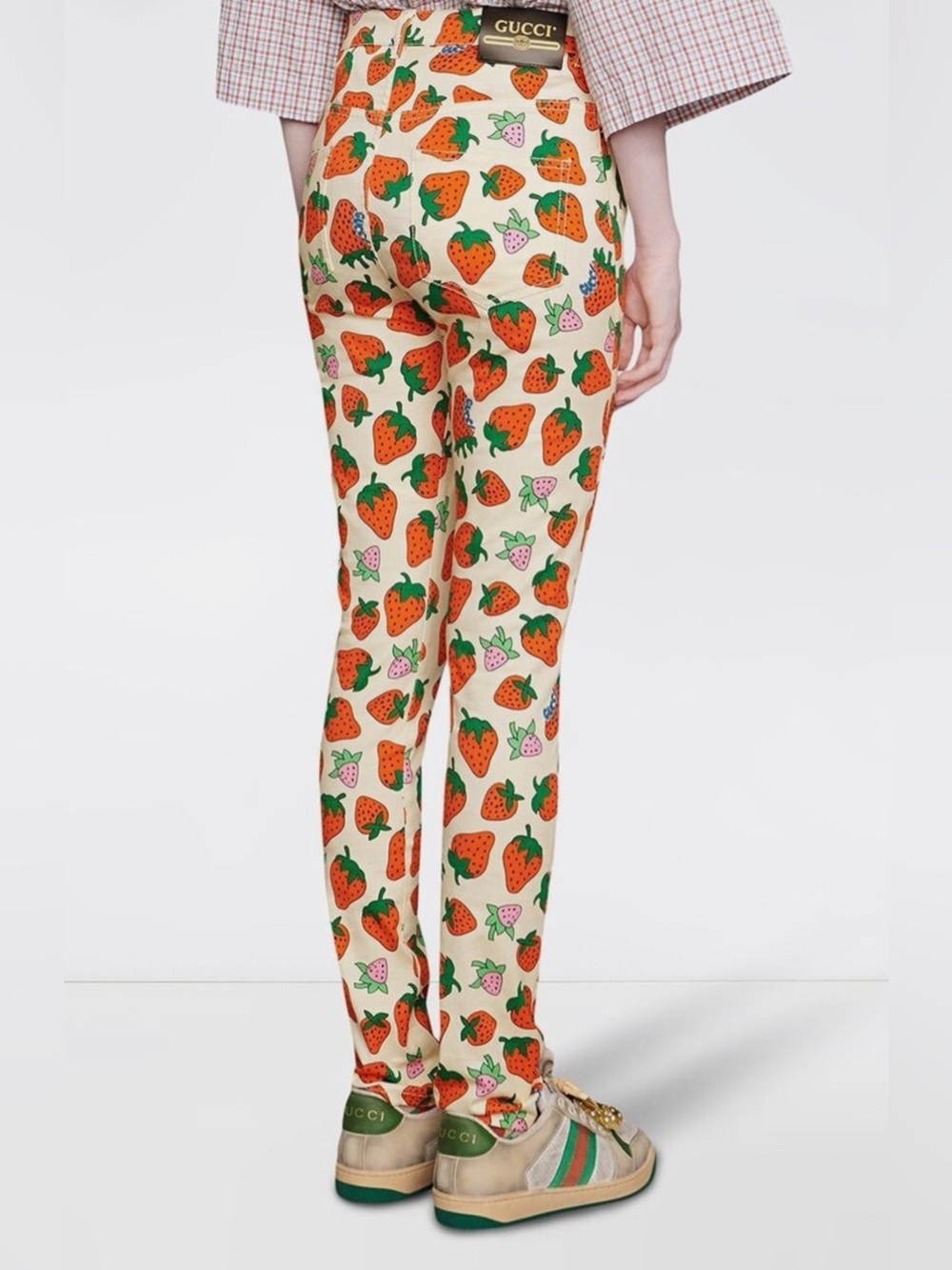 Gucci Beige Cotton Pants with Red Strawberry Print